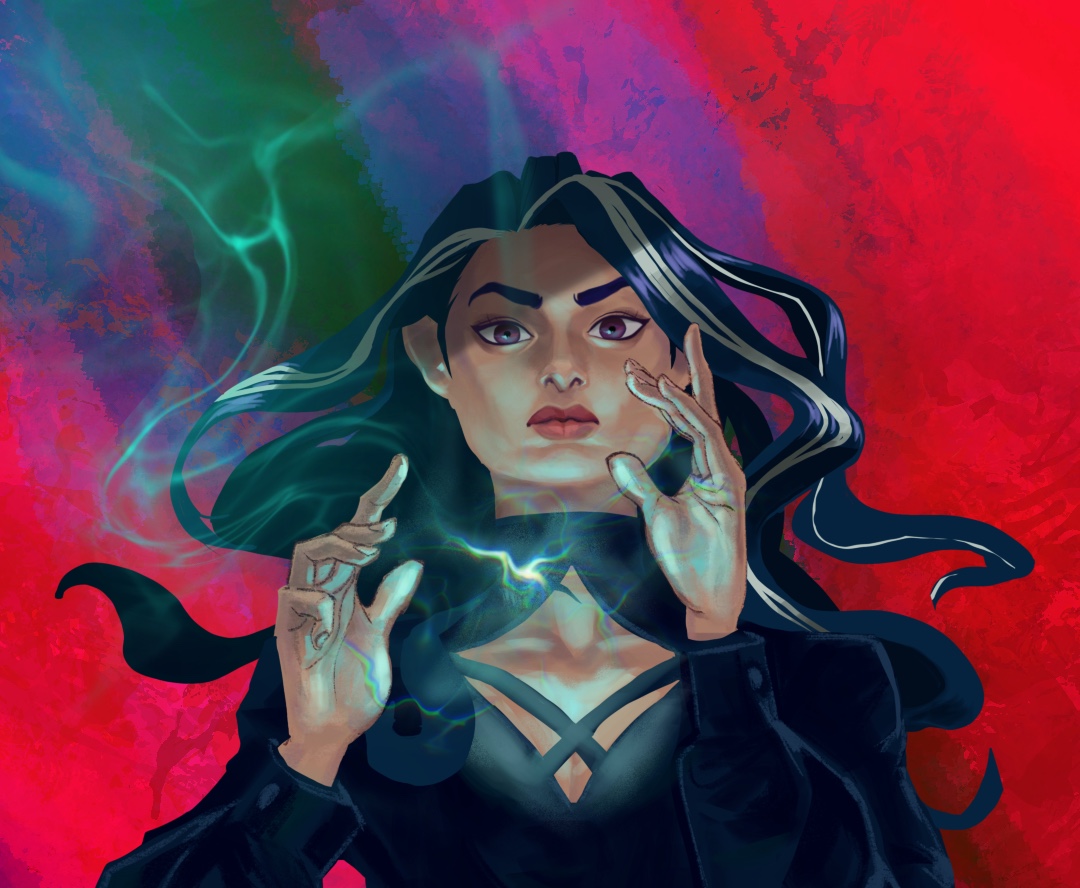 artwork of a woman dressed in a dark blouse with loose puffy sleeves, her hands are raised in front of her in an arcane gesture and tendrils of bright teal magic coalesce underneath her face.