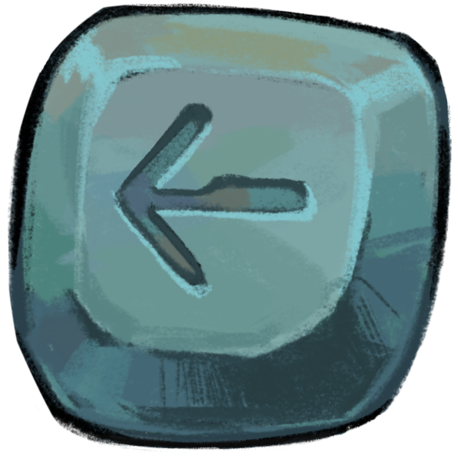 A 'back' arrow painted to look like a sigil etched in stone.