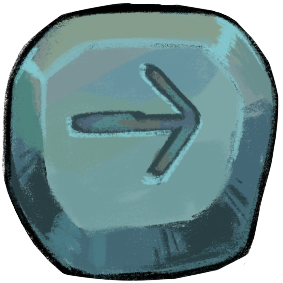 A 'next' arrow painted to look like a sigil etched in stone.
